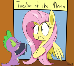 Size: 2112x1883 | Tagged: safe, artist:taurson, fluttershy, spike, dragon, pegasus, pony, g4, non-compete clause, camera, female, male, mare, surprised, teacher of the month