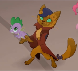 Size: 593x540 | Tagged: safe, screencap, capper dapperpaws, spike, abyssinian, cat, dragon, anthro, digitigrade anthro, g4, my little pony: the movie, chest fluff, clothes, coat, cropped, duo focus, looking up, male, paws