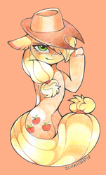 Size: 983x1627 | Tagged: safe, artist:lispp, applejack, earth pony, pony, g4, colored pencil drawing, cowboy hat, female, hat, looking at you, mare, orange background, simple background, solo, traditional art