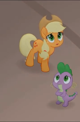 Size: 357x540 | Tagged: safe, screencap, applejack, spike, dragon, earth pony, pony, g4, my little pony: the movie, cropped, duo, female, looking up, male, mare