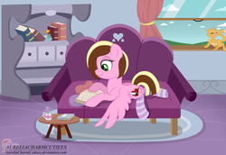 Size: 1744x1200 | Tagged: safe, artist:raspberrystudios, oc, oc only, cat, book, bookshelf, clothes, commission, couch, interior, reading, socks, spread wings, striped socks, studying