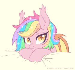 Size: 2660x2487 | Tagged: safe, artist:hawthornss, artist:renokim, oc, oc only, oc:paper stars, bat pony, pony, animated, bat pony oc, bed, blinking, blushing, cute, cute little fangs, ear fluff, ethereal mane, fangs, female, high res, looking at you, rainbow hair, simple background, smiling, solo, sparkles, sparkly mane, starry mane, text, weapons-grade cute