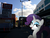 Size: 2048x1536 | Tagged: safe, artist:naijiwizard, rarity, pony, unicorn, g4, city, dim, female, irl, looking at you, open mouth, photo, photoshop, ponies in real life, raised hoof, seattle, smiling, solo