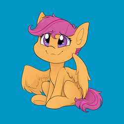 Size: 630x630 | Tagged: safe, artist:midnightpremiere, scootaloo, pegasus, pony, g4, blue background, cute, cutealoo, female, filly, simple background, sitting, smiling, solo