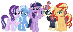 Size: 1913x839 | Tagged: dead source, safe, editor:php77, moondancer, starlight glimmer, sunset shimmer, trixie, twilight sparkle, alicorn, pony, unicorn, g4, counterparts, female, magical quartet, magical quintet, magical trio, mare, raised hoof, simple background, spread wings, transparent background, twilight sparkle (alicorn), twilight's counterparts, twilight's harem, wings
