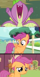 Size: 1083x2048 | Tagged: safe, screencap, scootaloo, spike, flight to the finish, g4, molt down, everyone but scootaloo can fly, nose in the air, sad, scootaloo can't fly, scootasad, volumetric mouth, winged spike, wings