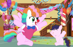 Size: 6500x4200 | Tagged: safe, artist:kannayui, oc, oc:confetti surprise, oc:cotton tuft, pegasus, pony, kindverse, absurd resolution, clown, clown makeup, clown nose, female, mother and daughter, offspring, offspring's offspring, parent:cheese sandwich, parent:oc:confetti surprise, parent:oc:lightning bolt, parent:pinkie pie, parents:cheesepie, parents:oc x oc, red nose