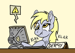 Size: 1400x1000 | Tagged: safe, artist:hywther, derpy hooves, pegasus, pony, g4, computer, female, scrunchy face, sketch, smiling, smirk, solo