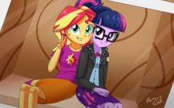 Size: 4000x2500 | Tagged: safe, artist:horsecat, sci-twi, sunset shimmer, twilight sparkle, equestria girls, g4, clothes, clothes swap, debatably not shipping, duo, duo female, female, glasses, happy, jacket, lesbian, peace sign, photo booth, ship:sci-twishimmer, ship:sunsetsparkle, shipping, smiling, victory sign