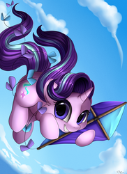Size: 2550x3509 | Tagged: safe, artist:pridark, starlight glimmer, pony, unicorn, g4, cloud, cute, ear fluff, female, glimmerbetes, high res, kite, looking at you, mare, sky, smiling, solo, that pony sure does love kites