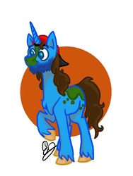 Size: 600x800 | Tagged: safe, oc, pony, unicorn, baseball cap, beard, blue, blue eyes, brown mane, cap, concept art, digital art, facial hair, firealpaca, fluffy, friend, green spots, hat, long mane, long tail, male, ponysona, present, stallion, tall, unshorn fetlocks