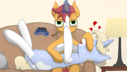 Size: 1920x1080 | Tagged: safe, artist:soctavia, oc, oc only, oc:game guard, oc:nootaz, pony, unicorn, boop, controller, couch, cute, female, floating heart, glowing horn, happy, heart, horn, lamp, magic, male, mare, ship:gametaz, silly, table, tongue out