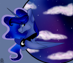 Size: 1500x1300 | Tagged: safe, artist:sheetanii, princess luna, alicorn, pony, g4, abstract background, bust, ethereal mane, female, jewelry, looking back, mare, missing accessory, necklace, night, peytral, smiling, solo, starry mane, starry night