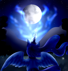 Size: 1800x1900 | Tagged: safe, artist:sheetanii, princess luna, alicorn, pony, g4, ethereal mane, female, glowing horn, horn, jewelry, magic, mare, moon, night, raising the moon, rear view, regalia, solo, spread wings, starry mane, starry night, wings