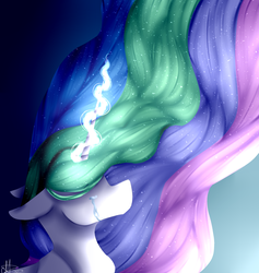 Size: 1800x1900 | Tagged: safe, artist:sheetanii, princess celestia, alicorn, pony, g4, crying, ethereal mane, female, floppy ears, glowing horn, gradient background, hair over eyes, horn, mare, solo, starry mane, windswept mane