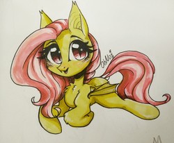 Size: 2406x1982 | Tagged: safe, artist:ohno, fluttershy, bat pony, pony, g4, chest fluff, female, flutterbat, mare, open mouth, prone, race swap, simple background, solo, traditional art, white background