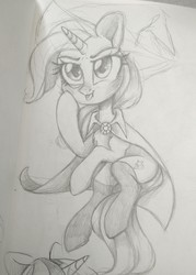 Size: 1888x2643 | Tagged: safe, artist:ohno, trixie, pony, unicorn, g4, cape, clothes, cutie mark, female, grayscale, hat, mare, monochrome, sketch, solo, starry eyes, stockings, thigh highs, tongue out, traditional art, trixie's cape, trixie's hat, wingding eyes