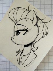 Size: 1982x2643 | Tagged: safe, artist:ohno, fluttershy, pony, fake it 'til you make it, g4, alternate hairstyle, clothes, female, grayscale, hair bun, lidded eyes, lineart, mare, monochrome, severeshy, solo, traditional art