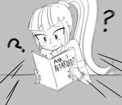 Size: 2329x2005 | Tagged: safe, artist:nairdags, sonata dusk, equestria girls, g4, abuse, book, female, gray background, grayscale, high res, meme, monochrome, parody, question mark, reading, retarded, simple background, solo, sonatabuse, sweat