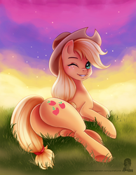 Size: 900x1157 | Tagged: safe, artist:guinefurrie, applejack, earth pony, pony, g4, applebutt, butt, cowboy hat, cutie mark, female, freckles, grass, hat, looking at you, looking back, on side, one eye closed, plot, rear view, sexy, smiling, solo, stars, stetson, stupid sexy applejack, sunset, underhoof, wink