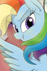 Size: 800x1214 | Tagged: safe, artist:emositecc, rainbow dash, pegasus, pony, comic:sparkle, g4, alternate eye color, alternate hairstyle, alternate universe, looking at you, looking back, smiling