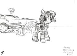 Size: 2224x1630 | Tagged: safe, artist:radiancebreaker, rarity, pony, g4, bandolier, bullet farmer, car, crossover, female, goggles, knife, mad max, mad max fury road, monochrome, scar, solo, tank (vehicle), traditional art