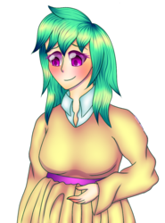 Size: 886x1200 | Tagged: safe, artist:naruhina888, oc, oc only, oc:honey drops, human, hybrid, female, humanized, interspecies offspring, offspring, parent:discord, parent:fluttershy, parents:discoshy, pregnant, signature, simple background, solo, transparent background