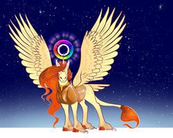 Size: 3000x2400 | Tagged: safe, artist:loryska, oc, oc only, oc:prometheus, alicorn, pony, alicorn oc, armor, cloven hooves, high res, horn, male, rainbow, solo, space, stallion, unshorn fetlocks, wings