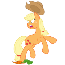 Size: 3000x3000 | Tagged: safe, artist:besttubahorse, applejack, earth pony, pony, g4, .svg available, applejack's hat, carrot, cowboy hat, female, food, freckles, hat, high res, jumping, scared, silly, silly pony, simple background, solo, svg, transparent background, vector, who's a silly pony