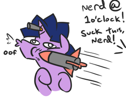 Size: 378x304 | Tagged: safe, artist:jargon scott, twilight sparkle, pony, g4, abuse, bust, dialogue, dusk shine, male, nerf, offscreen character, oof, rule 63, simple background, stallion, twilybuse, white background