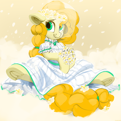 Size: 3000x3000 | Tagged: safe, artist:dimfann, pear butter, earth pony, pony, beautiful, bouquet, bride, clothes, cute, dress, female, floppy ears, floral head wreath, flower, flower in hair, frog (hoof), high res, hoof hold, looking at you, looking sideways, mare, pearabetes, sitting, smiling, solo, spread legs, spreading, underhoof, wedding dress