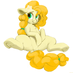 Size: 3000x3000 | Tagged: safe, artist:dimfann, pear butter, earth pony, pony, g4, cute, dock, featureless crotch, female, flower, flower in hair, frog (hoof), high res, mare, simple background, smiling, solo, transparent background, underhoof