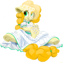Size: 3000x3000 | Tagged: safe, artist:dimfann, pear butter, earth pony, pony, beautiful, bouquet, bride, clothes, cute, dress, female, floppy ears, floral head wreath, flower, flower in hair, frog (hoof), hoof hold, looking at you, looking sideways, mare, pearabetes, simple background, sitting, smiling, solo, spread legs, spreading, transparent background, underhoof, wedding dress