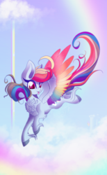 Size: 1024x1658 | Tagged: safe, artist:hagalazka, rainbow dash, pegasus, pony, g4, :p, big ears, chest fluff, cloud, colored wings, female, flying, leg fluff, mare, multicolored wings, rainbow wings, sky, solo, spread wings, tongue out, unshorn fetlocks, wings