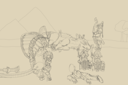 Size: 4853x3214 | Tagged: safe, artist:fameng, oc, oc:anon, dinosaur, skeleton pony, snake, bone, bow, halberd, high queen khalida, monochrome, mummy, skeleton, tomb kings, traditional art, warhammer (game), warhammer fantasy, weapon, wip