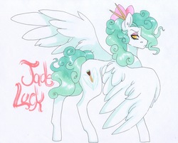 Size: 3137x2516 | Tagged: safe, artist:frozensoulpony, oc, oc only, oc:jade luck, pegasus, pony, adopted offspring, female, high res, mare, parent:rarity, solo, traditional art