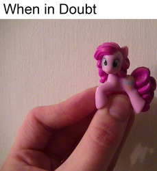 Size: 1113x1215 | Tagged: safe, pinkie pie, human, pony, g4, hand, holding a pony, irl, irl human, meme, photo, ponk, pun, reference, spongebob squarepants, tea at the treedome, toy, visual pun