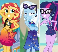 Size: 570x510 | Tagged: safe, edit, screencap, sci-twi, sunset shimmer, trixie, twilight sparkle, human, equestria girls, equestria girls specials, g4, my little pony equestria girls: better together, my little pony equestria girls: forgotten friendship, arm behind head, belly button, bikini, bikini top, clothes, comparison, crossed arms, female, geode of empathy, geode of fauna, geode of shielding, geode of sugar bombs, geode of super speed, geode of super strength, geode of telekinesis, glasses, magical geodes, magical trio, ponytail, pose, sarong, sexy egghead, shoulder bag, stupid sexy sunset shimmer, stupid sexy trixie, stupid sexy twilight, sultry pose, sunglasses, sunset selfie, swimsuit, trio, trio female