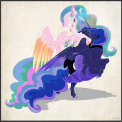 Size: 3000x3000 | Tagged: safe, artist:vlinnyy, princess celestia, princess luna, alicorn, pony, g4, blood, female, fight, high res, looking at each other, mare, rearing, royal sisters, scar