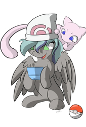 Size: 506x745 | Tagged: safe, artist:aurorafang, oc, oc:cherishquill, mew, pegasus, pony, crossover, female, filly, gaming, nintendo ds, poké ball, pokémon, simple background, sitting, white background