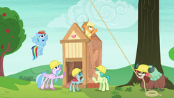 Size: 1280x720 | Tagged: safe, screencap, applejack, ocellus, rainbow dash, sandbar, silverstream, yona, changedling, changeling, classical hippogriff, earth pony, hippogriff, pegasus, pony, yak, non-compete clause, angry, apple shed, apple tree, building, female, hard hat, male, mare, mouth hold, rope, shed, teenager, tree, wood