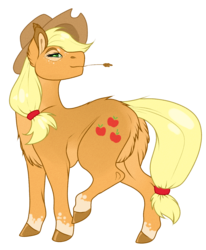 Size: 1094x1327 | Tagged: safe, artist:vlinnyy, applejack, earth pony, pony, g4, applejack's hat, cowboy hat, cutie mark, female, fluffy, freckles, hat, looking back, mare, raised hoof, simple background, solo, straw in mouth, transparent background