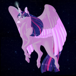 Size: 3000x3000 | Tagged: safe, artist:vlinnyy, twilight sparkle, alicorn, pony, g4, angry, female, glowing horn, high res, horn, mare, missing cutie mark, solo, spread wings, starry night, stars, teeth, twilight sparkle (alicorn), wings