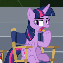 Size: 511x511 | Tagged: safe, screencap, spike, twilight sparkle, alicorn, pony, g4, horse play, aside glance, chair, cropped, director's chair, female, gif, mare, non-animated gif, open mouth, raised hoof, sitting, solo, twilight sparkle (alicorn)