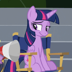 Size: 511x511 | Tagged: safe, screencap, twilight sparkle, alicorn, pony, g4, horse play, aside glance, chair, cropped, director's chair, female, gif, mare, megaphone, non-animated gif, raised eyebrow, sitting, smiling, solo focus, twilight sparkle (alicorn)