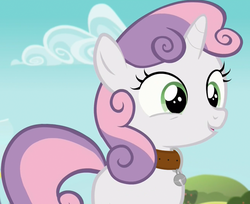 Size: 764x624 | Tagged: safe, edit, edited screencap, screencap, sweetie belle, pony, unicorn, g4, bell, bell collar, cat bell, collar, cropped, female, filly, smiling, solo