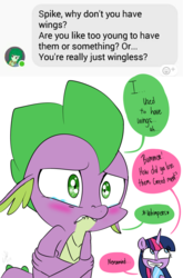 Size: 800x1214 | Tagged: safe, artist:emositecc, spike, twilight sparkle, alicorn, dragon, pony, comic:sparkle, g4, abuse, alternate eye color, alternate universe, answer, blushing, crying, dialogue, hurting, implied amputation, question, scared, simple background, smiling, spikeabuse, traumatized, troll, twibitch sparkle, twilight sparkle (alicorn), white background