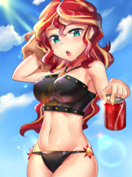 Size: 800x1067 | Tagged: safe, artist:tzc, sunset shimmer, human, equestria girls, equestria girls specials, g4, my little pony equestria girls: better together, my little pony equestria girls: forgotten friendship, anime, armpits, beach babe, belly button, big breasts, bikini, bikini babe, breasts, busty sunset shimmer, clothes, coca-cola, crepuscular rays, cutie mark on clothes, cutie mark on human, cutie mark swimsuit, female, human coloration, humanized, light skin, sexy, solo, summer sunset, swimsuit