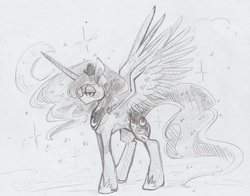 Size: 2524x1975 | Tagged: safe, artist:bubblegum-party, princess luna, alicorn, pony, g4, crescent moon, ethereal mane, female, grayscale, monochrome, moon, pencil drawing, solo, spread wings, starry mane, traditional art, wings