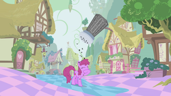 Size: 1280x720 | Tagged: safe, screencap, berry punch, berryshine, earth pony, pony, g4, the return of harmony, background pony, building, chaos, discorded landscape, eyes closed, female, floating island, food, green sky, mare, pepper, pepper shaker, ponyville, pre sneeze, raised hoof, scenery, solo, well